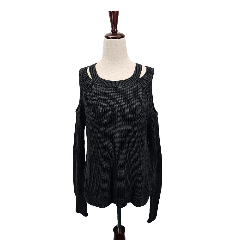 Hollister Sweater Women Size XS Dark Gray Ribbed Knit Cold Shoulder Pullover EUC